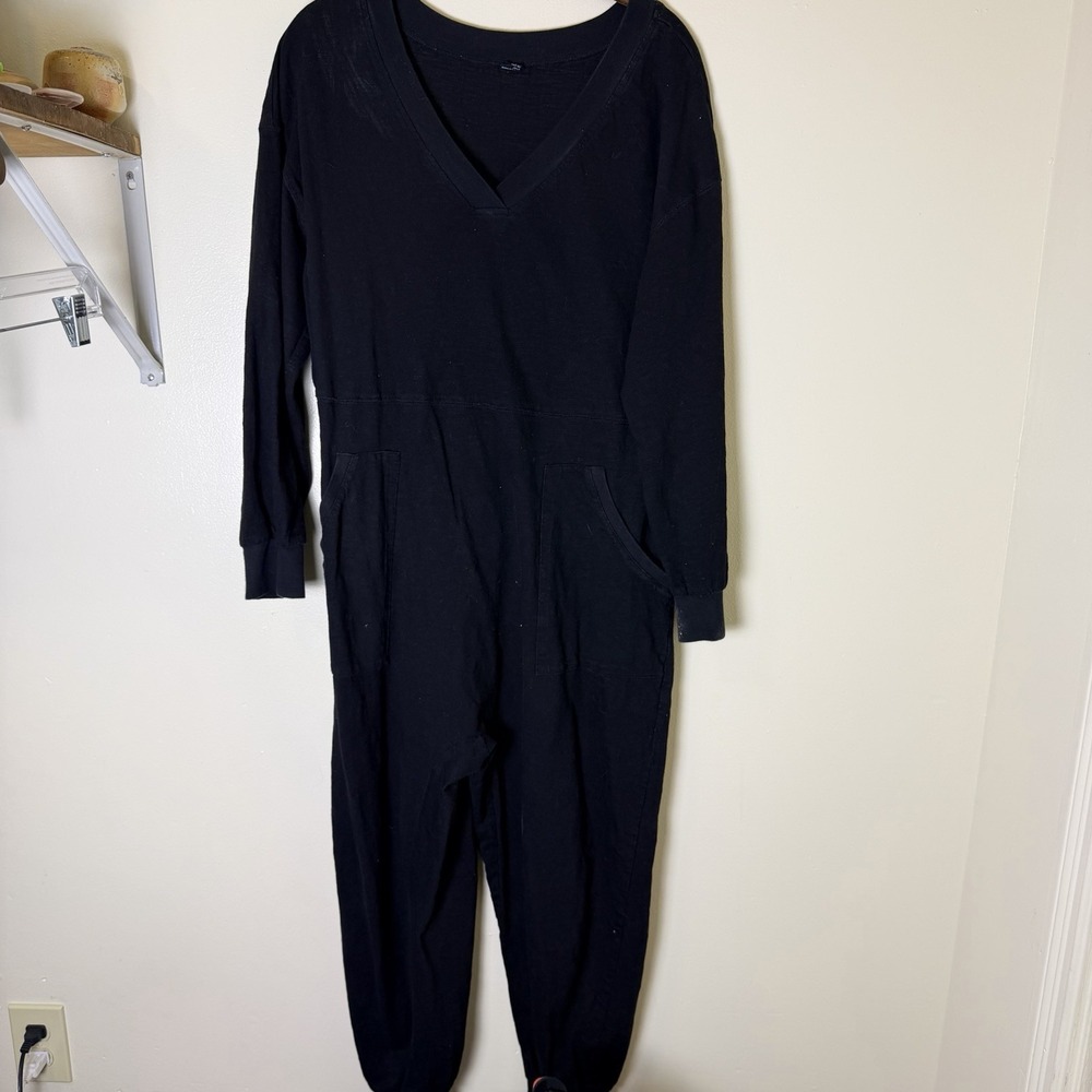 Anrabees Jumpsuit Womens Size L Black Joggers Long Sleeve V-Neck Casual Boho